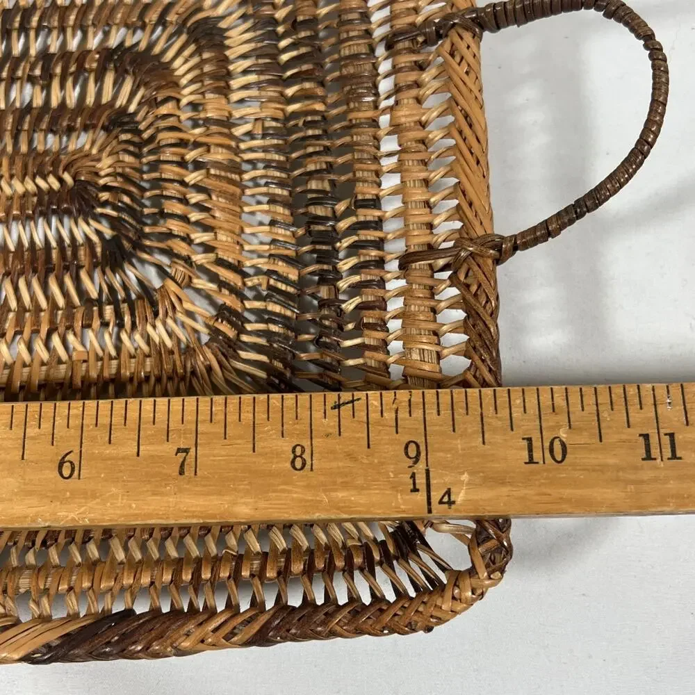 Vintage Wicker Basket Wall Art Hanging Handles Boho Farmhouse Tray 9.75” Square
